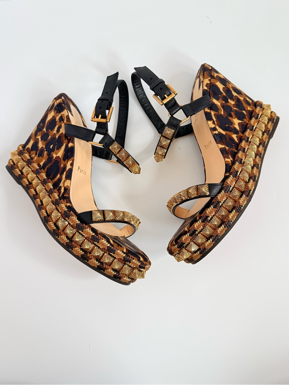 Christian Louboutin Pyraclou 110 Leopard Studded Wedge Sandals EU 39Pyra Spikes